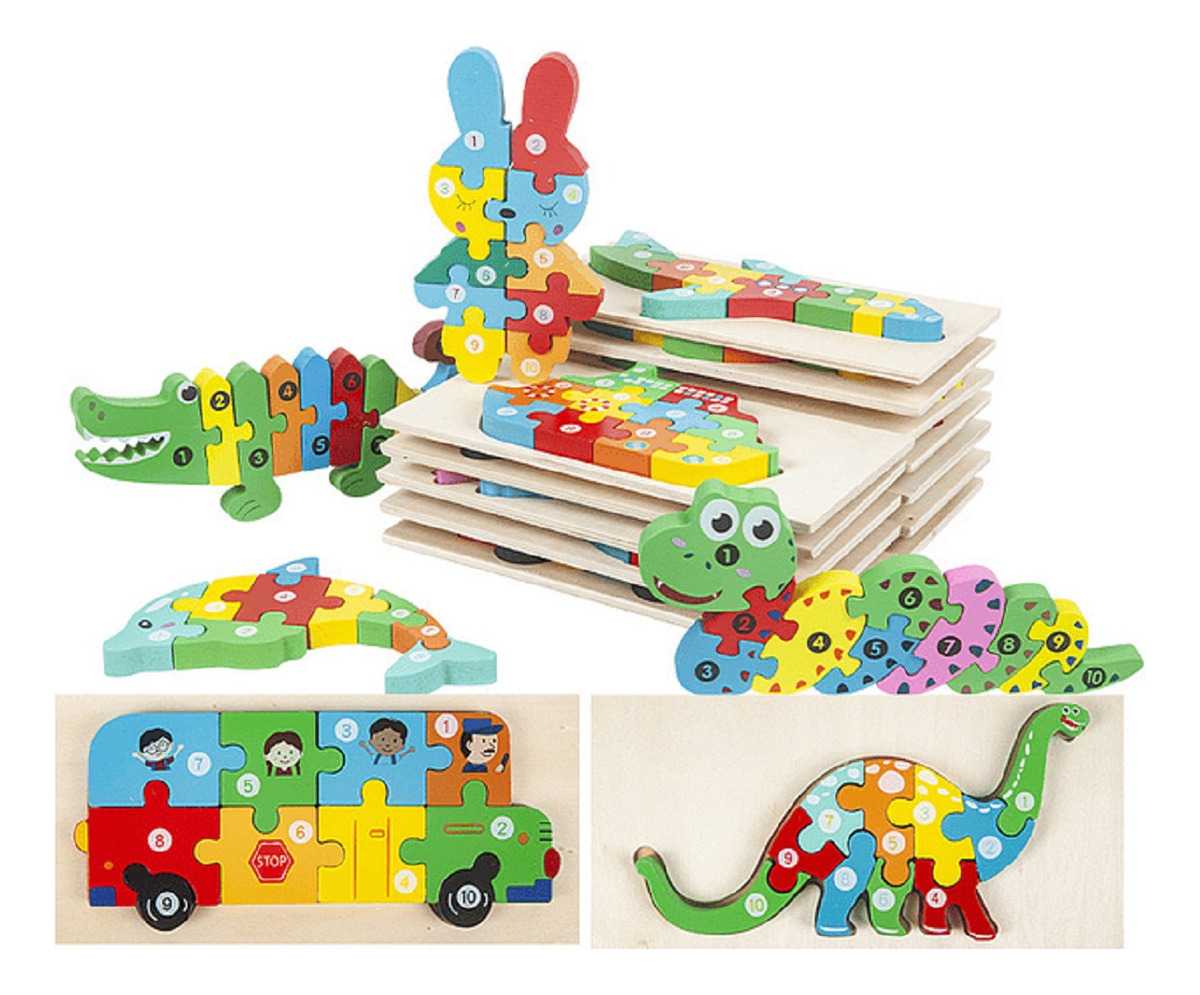 SET 5 PUZZLES ROMPECABEZAS 3D MADERA ANIMALES NIÑOS LAU - 1