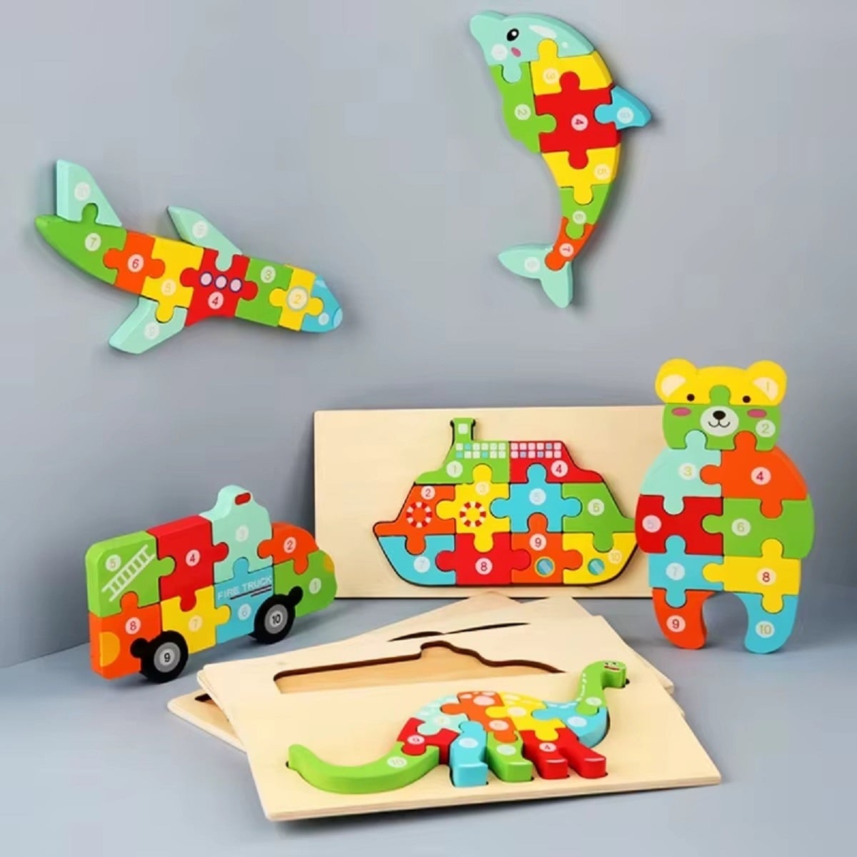 SET 5 PUZZLES ROMPECABEZAS 3D MADERA ANIMALES NIÑOS LAU - 3