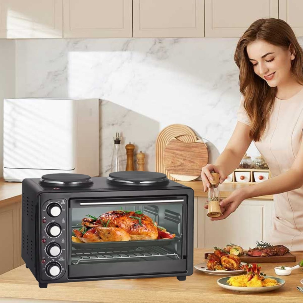 HORNO ELÉCTRICO 2EN1 DOBLE HORNALLA CONVECCIÓN GRILL JHN - 5