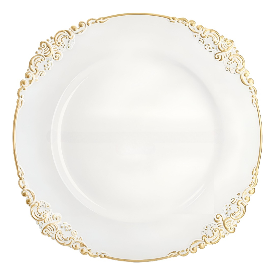 SET 3 BAJO PLATO BASE DECORATIVO BLANCO Y BORDE DORADO JHN - 3