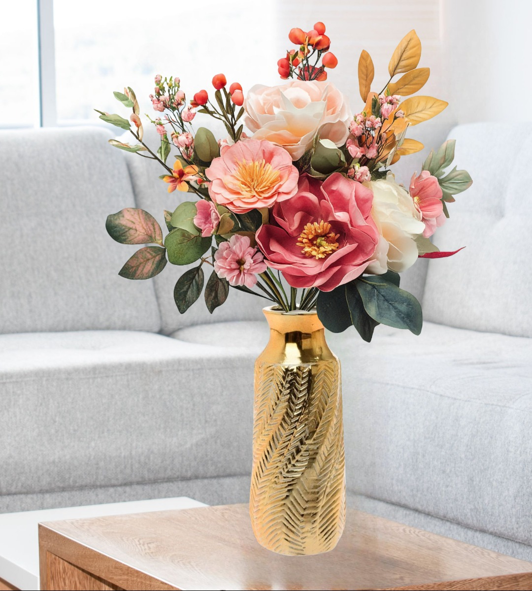 FLORERO JARRÓN DECORATIVO DORADO TEXTURA RELIEVE MODERNO JHN - 9