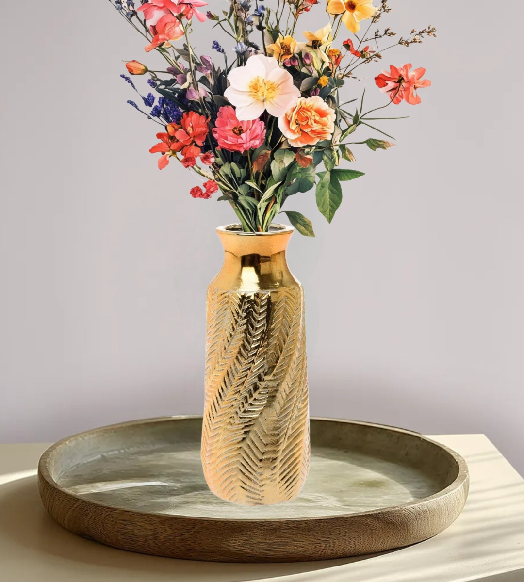 FLORERO JARRÓN DECORATIVO DORADO TEXTURA RELIEVE MODERNO JHN - 10