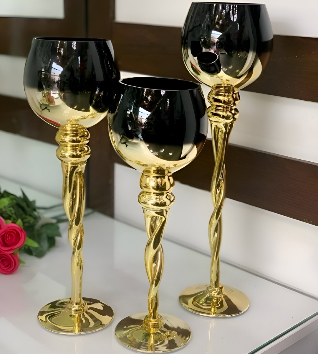 JUEGO 3 PORTAVELAS DECORATIVO CANDELABRO MODERNO COPAS JHN - 8