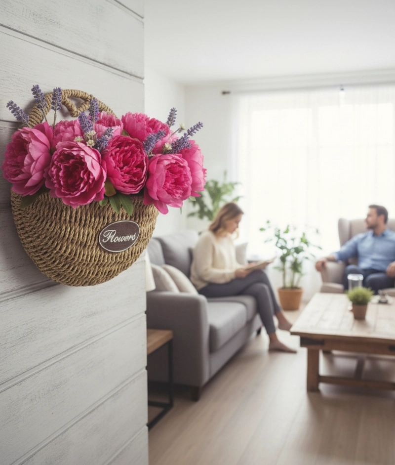 FLORERO DECORATIVO CESTA TEJIDA COLGANTE RUSTICO PARED JHN - 6