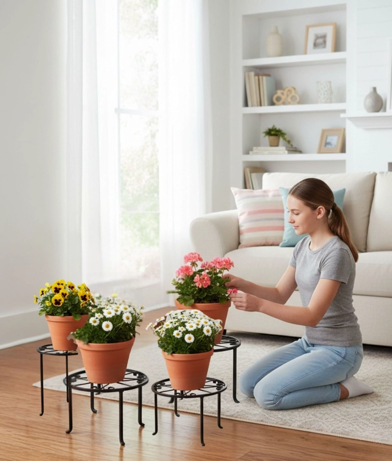 SET 4 PORTA MACETA SOPORTE DECORATIVO DISEÑO FLORAL JHN - 2