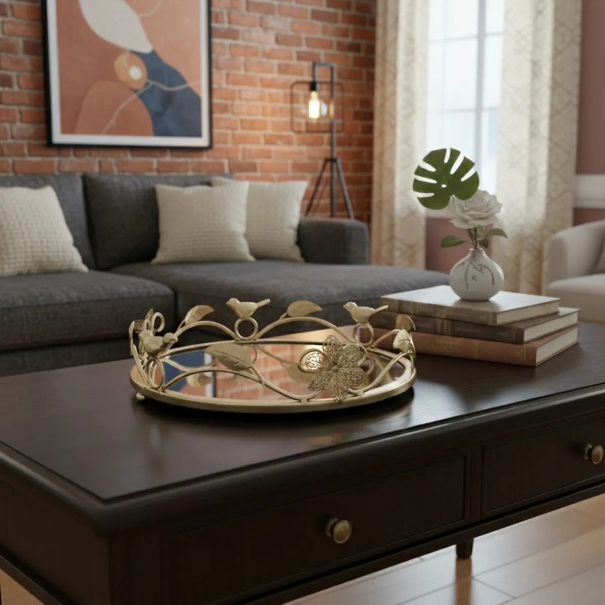 BANDEJA DECORATIVA REFLEJANTE ESPEJADA ESTILO BOTANICO JHN - 8