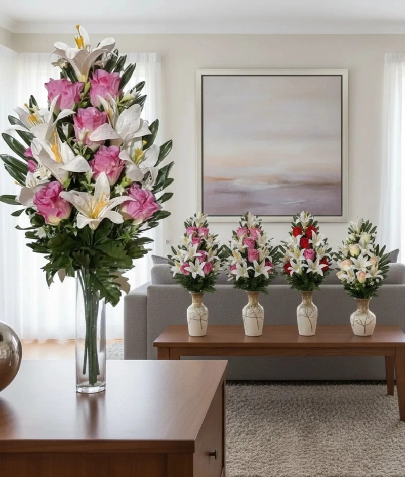 RAMO FLORAL DECORATIVO ARTIFICIAL LIRIOS ROSAS ADORNO JHN - 10