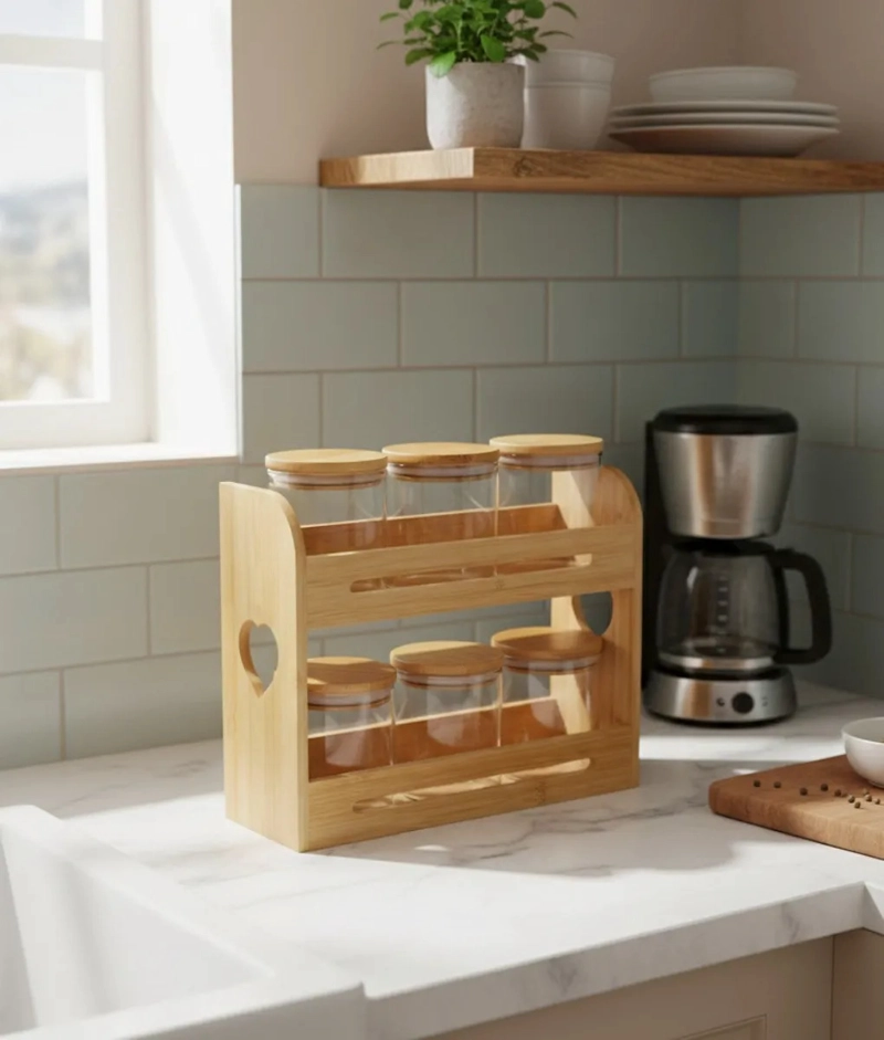 ESPECIERO ORGANIZADOR BAMBU 2 NIVELES DISEÑO CORAZON JHN - 7