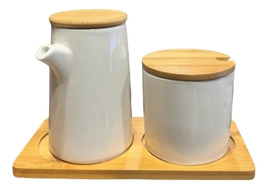 JUEGO 2 PIEZAS AZUCARERA MIELERA MINIMALISTA BASE BAMBU JHN - 1