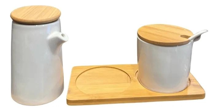 JUEGO 2 PIEZAS AZUCARERA MIELERA MINIMALISTA BASE BAMBU JHN - 3