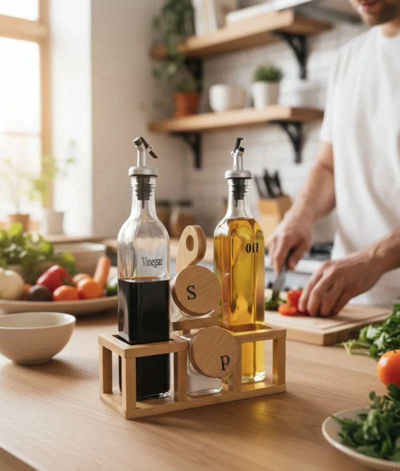 SOPORTE ACEITERA VINAGRERA SALERO PIMENTERO BAMBU MESA JHN - 6