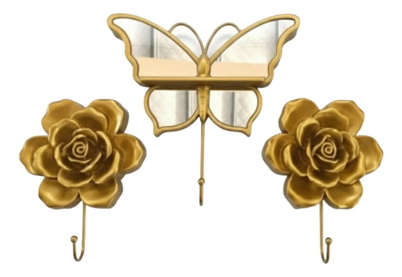 SET 3 PERCHERO DECORATIVO PARED GANCHO MARIPOSA ROSA JHN - 1