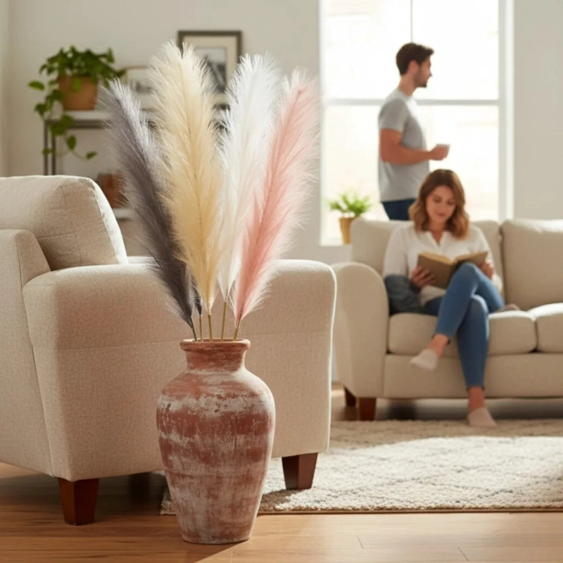 BOUQUET 4 PAMPAS GRASS DECORACION HOGAR PLUMAS NATURALES  AJ - 4