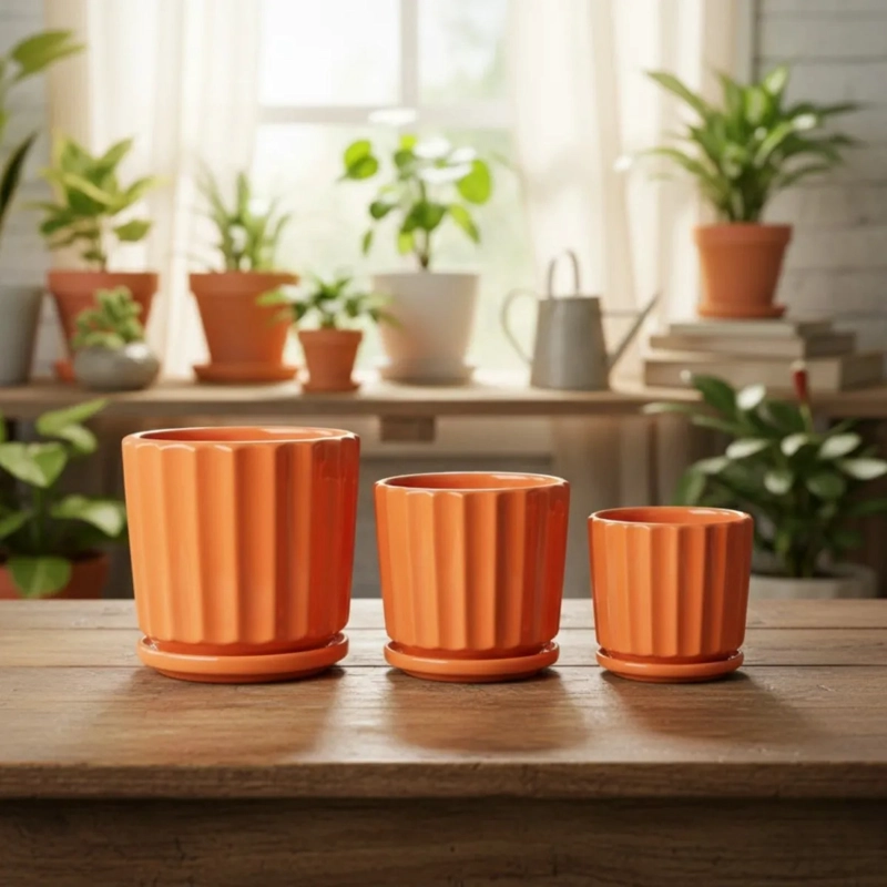 SET 3 MACETAS DECORATIVAS DISEÑO CANALES VERTICALES AJ - 10