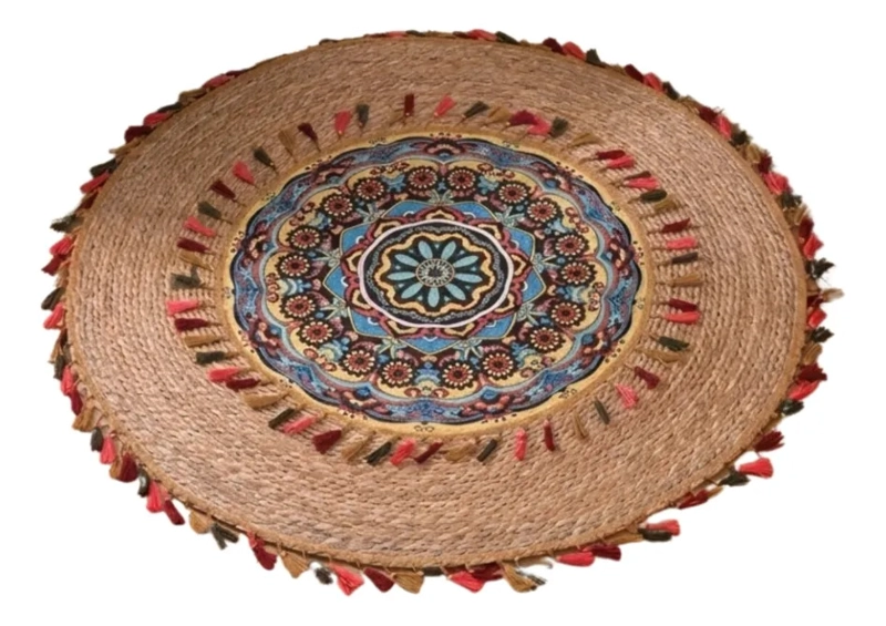 ALFOMBRA REDONDA DISEÑO MANDALA ETNICO BOHO CHIC BORLAS ALJ - 1