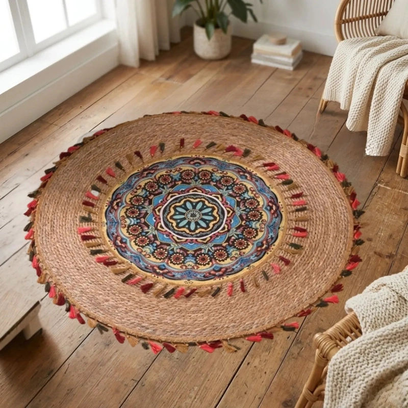 ALFOMBRA REDONDA DISEÑO MANDALA ETNICO BOHO CHIC BORLAS ALJ - 4