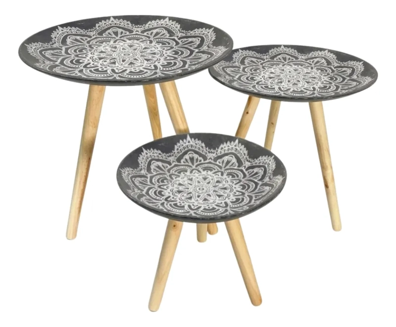 SET 3 MESAS AUXILIARES TIPO NIDO ARTE MANDALA ESTILO ZEN ALJ - 1