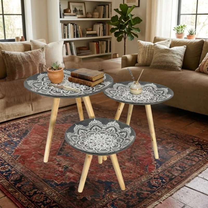 SET 3 MESAS AUXILIARES TIPO NIDO ARTE MANDALA ESTILO ZEN ALJ - 10
