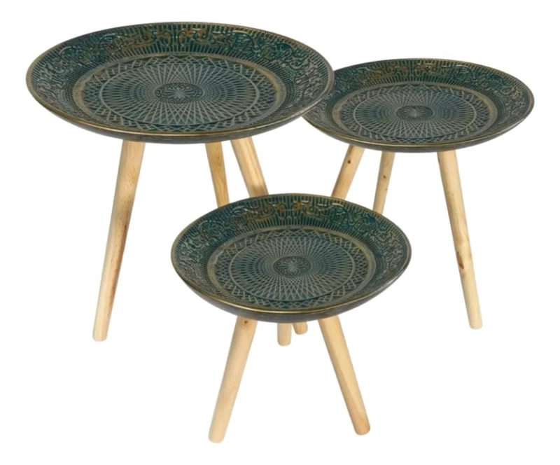 SET 3 MESAS NIDO AUXILIARES GEOME TRICAS MANDALA MADERA ALJ - 1