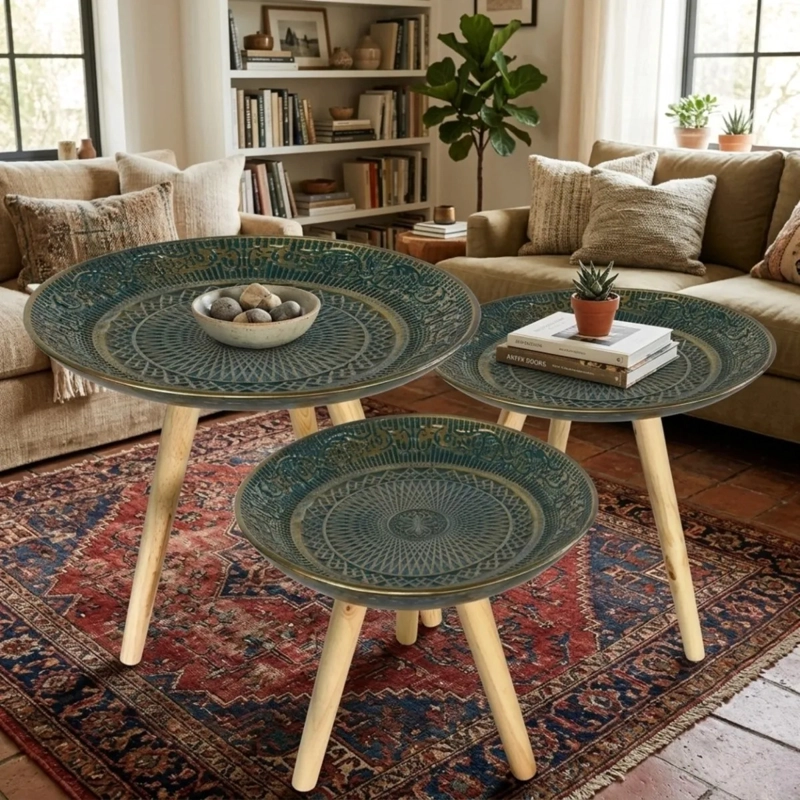 SET 3 MESAS NIDO AUXILIARES GEOME TRICAS MANDALA MADERA ALJ - 10
