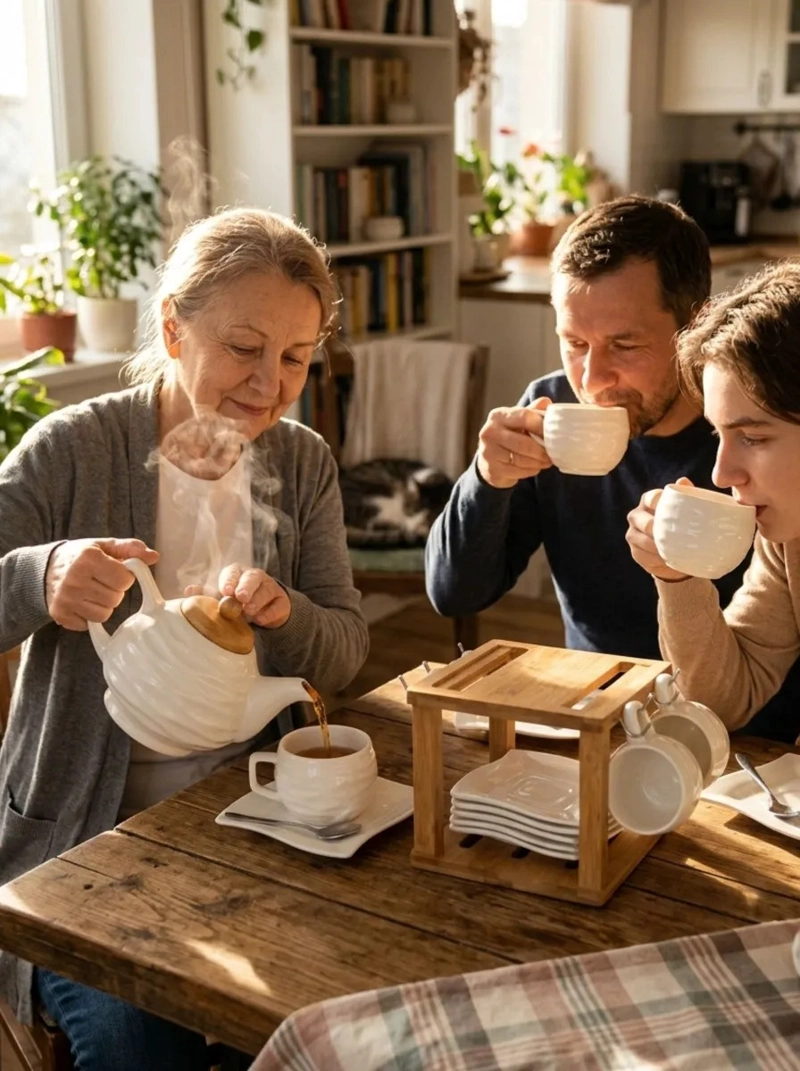 JUEGO TE CAFE CERAMICA TETERA 6 TAZAS SOPORTE BAMBU MV - 2