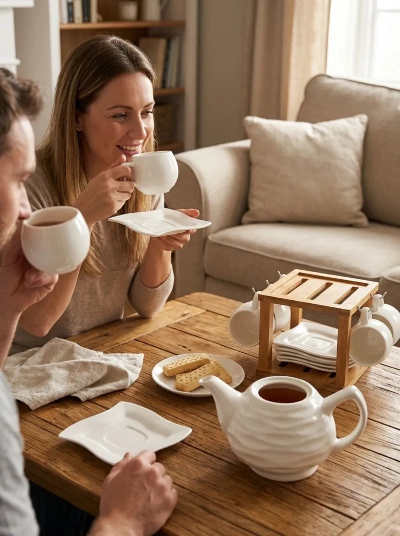JUEGO TE CAFE CERAMICA TETERA 6 TAZAS SOPORTE BAMBU MV - 4