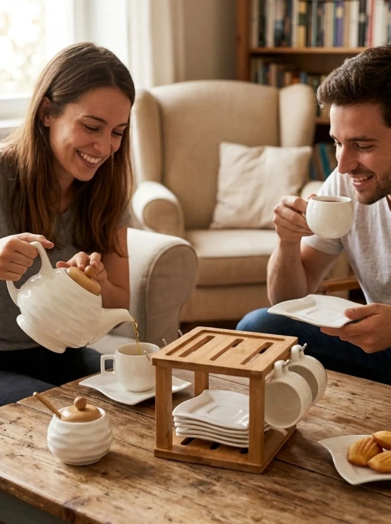 JUEGO TE CAFE CERAMICA TETERA 6 TAZAS SOPORTE BAMBU MV - 5