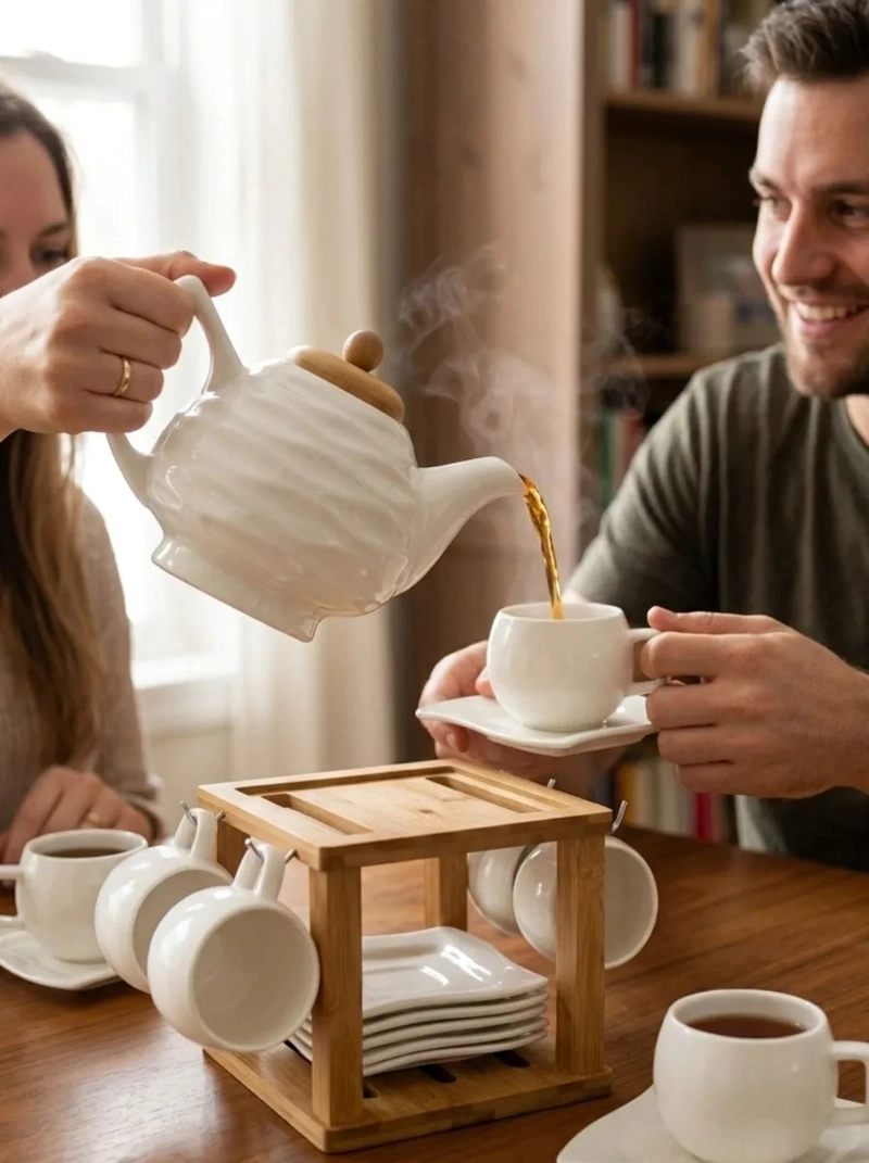 JUEGO TE CAFE CERAMICA TETERA 6 TAZAS SOPORTE BAMBU MV - 8