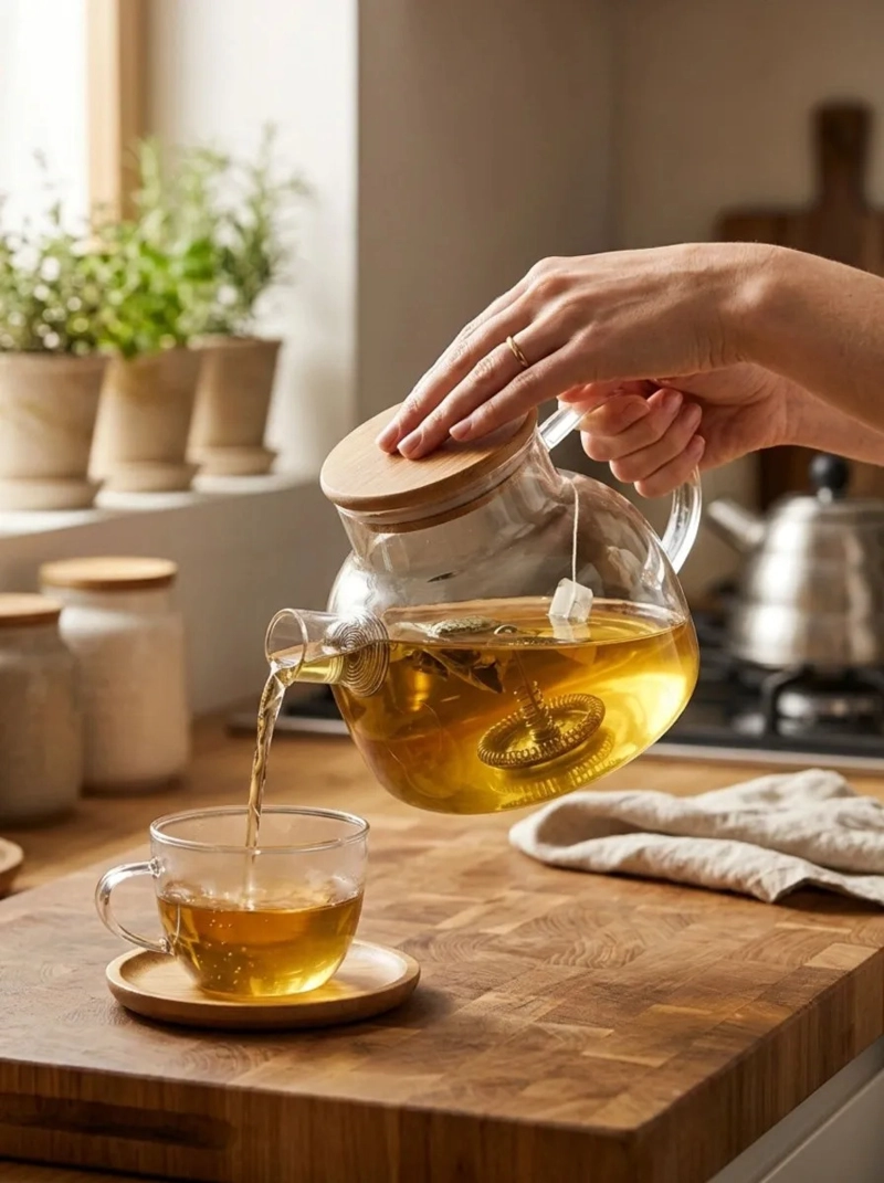 TETERA VIDRIO BOROSILICATO 1LITRO TAPA BAMBU INFUSOR MV - 2