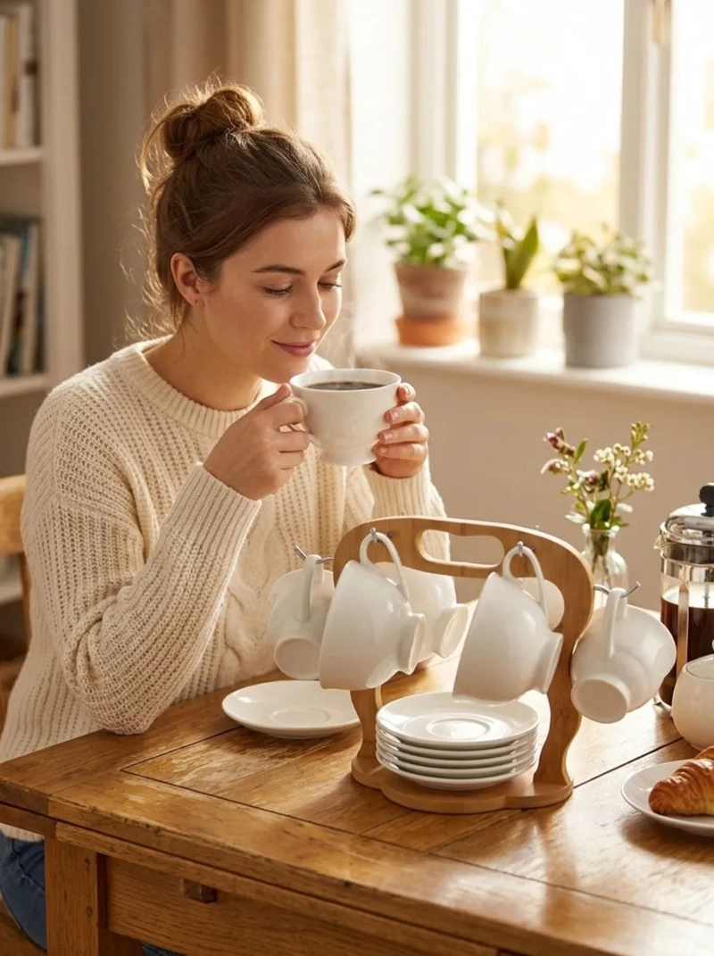 SET 6 TAZAS TE CAFE PORCELANA PLATILLOS SOPORTE BAMBU MV - 5