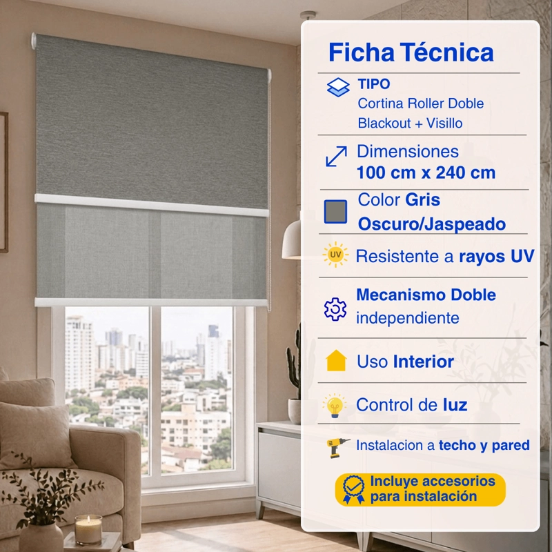 CORTINA ROLLER BLACKOUT 2 PAÑO 100X240 DOBLE CON VISILLO SIN CENEFA - 2
