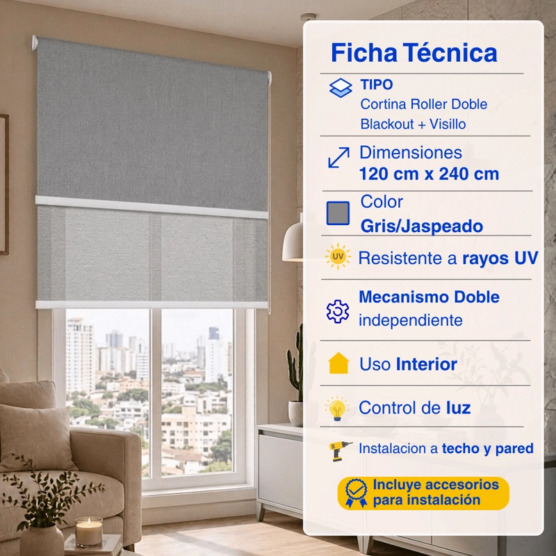 CORTINA ROLLER BLACKOUT 2 PAÑO 120X240 DOBLE CON VISILLO SIN CENEFA GUIZA - 2