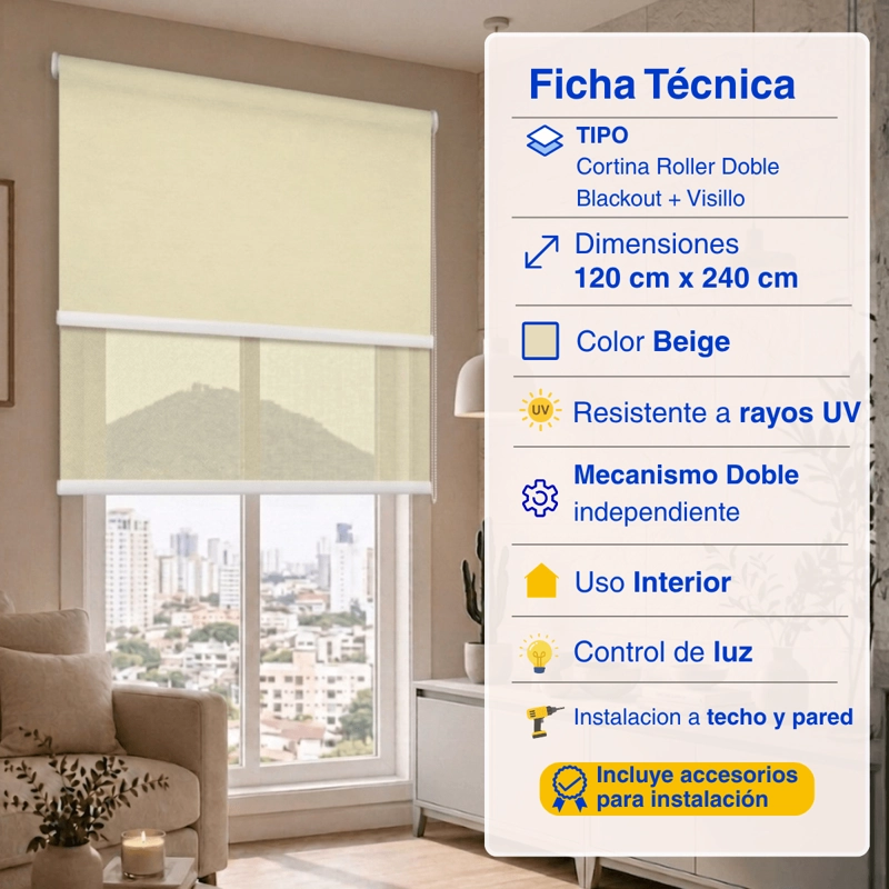 CORTINA ROLLER BLACKOUT 2 PAÑO 120X240 DOBLE CON VISILLO SIN CENEFA GUIZA - 2