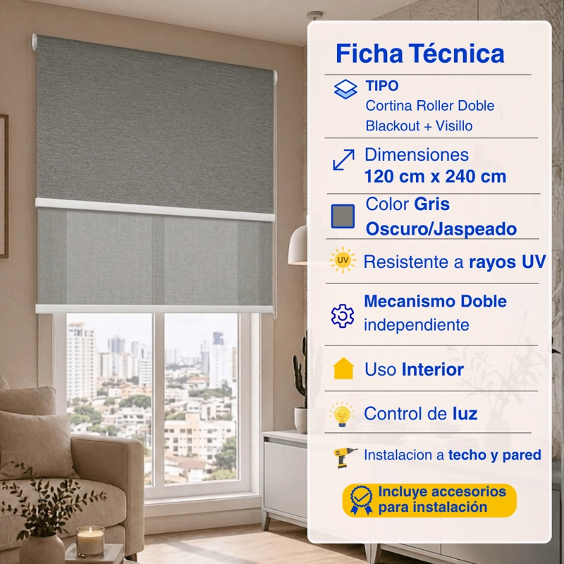CORTINA ROLLER BLACKOUT 2 PAÑO 120X240 DOBLE CON VISILLO SIN CENEFA GUIZA - 2