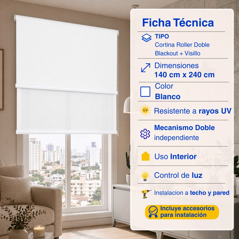 CORTINA ROLLER BLACKOUT 2 PAÑO 140X240 DOBLE CON VISILLO SIN CENEFA GUIZA - 2