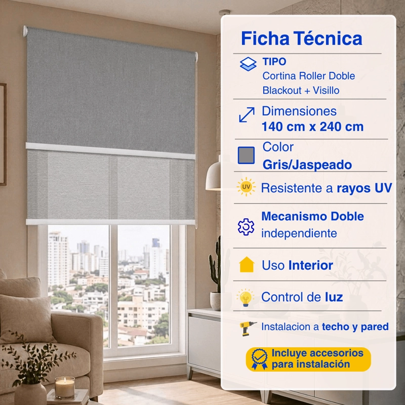 CORTINA ROLLER BLACKOUT 2 PAÑO 140X240 DOBLE CON VISILLO SIN CENEFA GUIZA - 2