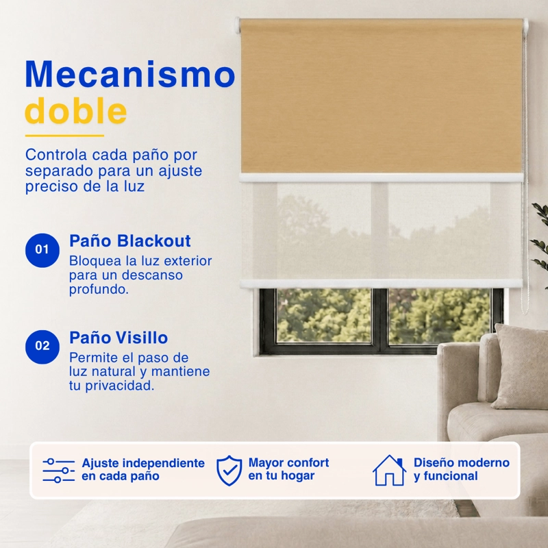 CORTINA ROLLER BLACKOUT 2 PAÑO 140X240 DOBLE CON VISILLO SIN CENEFA GUIZA - 5