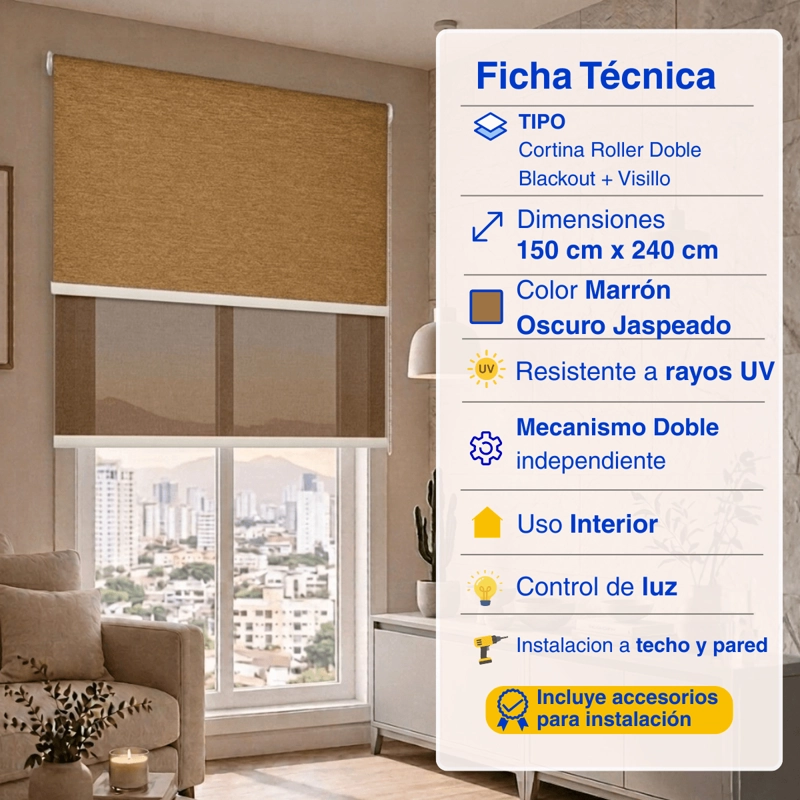 CORTINA ROLLER BLACKOUT 2 PAÑO 150X240 DOBLE CON VISILLO SIN CENEFA GUIZA - 2