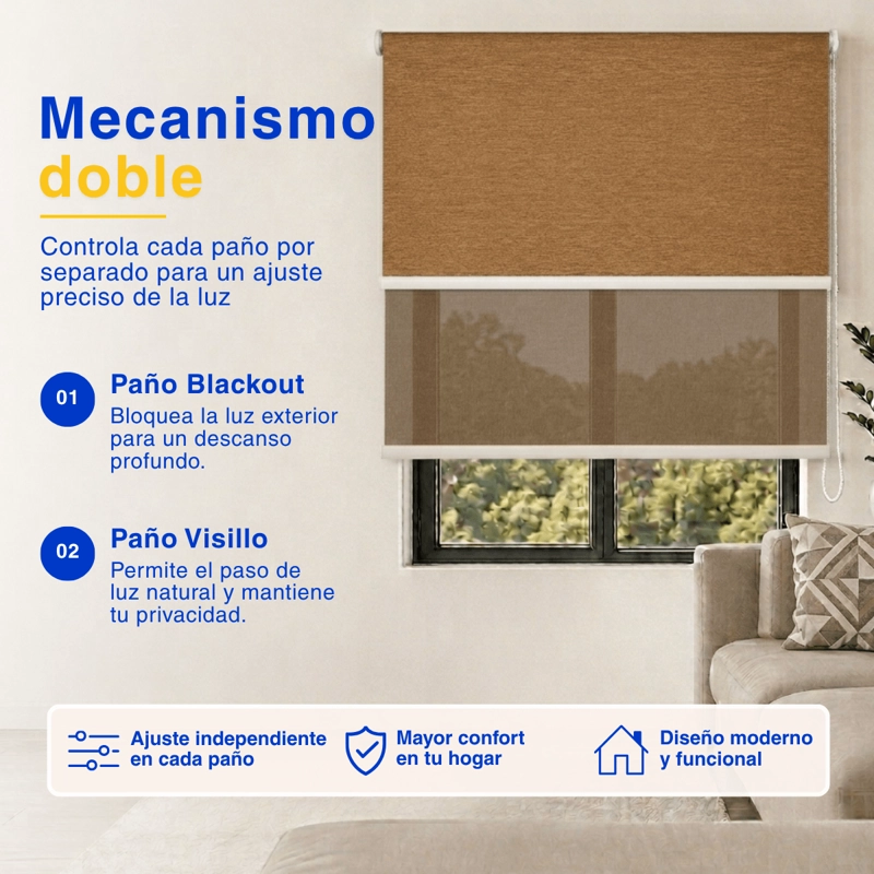 CORTINA ROLLER BLACKOUT 2 PAÑO 150X240 DOBLE CON VISILLO SIN CENEFA GUIZA - 5