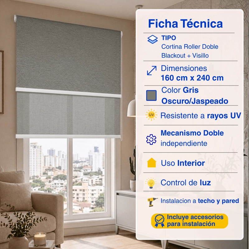 CORTINA ROLLER BLACKOUT 2 PAÑO 160X240 DOBLE CON VISILLO SIN CENEFA GUIZA - 2