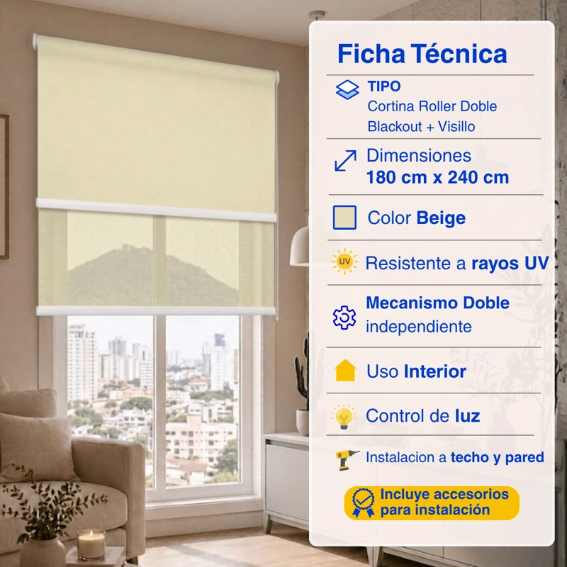 CORTINA ROLLER BLACKOUT 2 PAÑO 180X240 DOBLE CON VISILLO SIN CENEFA GUIZA - 2