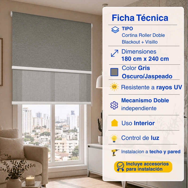 CORTINA ROLLER BLACKOUT 2 PAÑO 180X240 DOBLE CON VISILLO SIN CENEFA GUIZA - 2