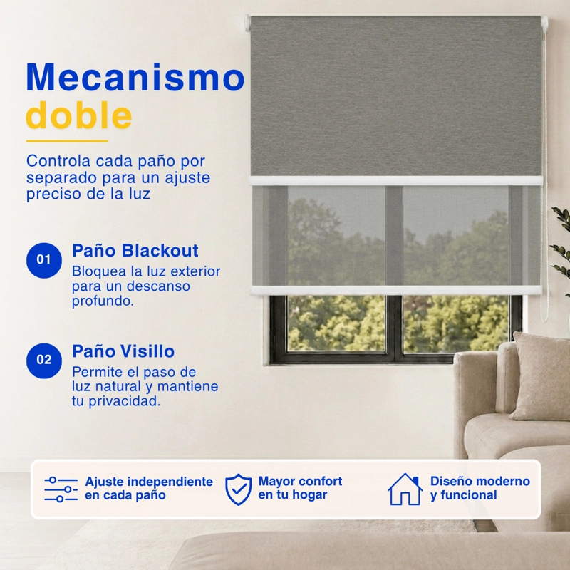 CORTINA ROLLER BLACKOUT 2 PAÑO 180X240 DOBLE CON VISILLO SIN CENEFA GUIZA - 5