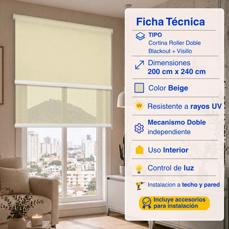 CORTINA ROLLER BLACKOUT 2 PAÑO 200X240 DOBLE CON VISILLO SIN CENEFA GUIZA - 2