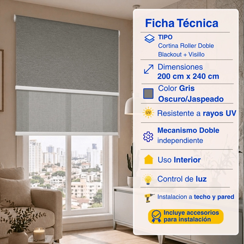 CORTINA ROLLER BLACKOUT 2 PAÑO 200X240 DOBLE CON VISILLO SIN CENEFA GUIZA - 2