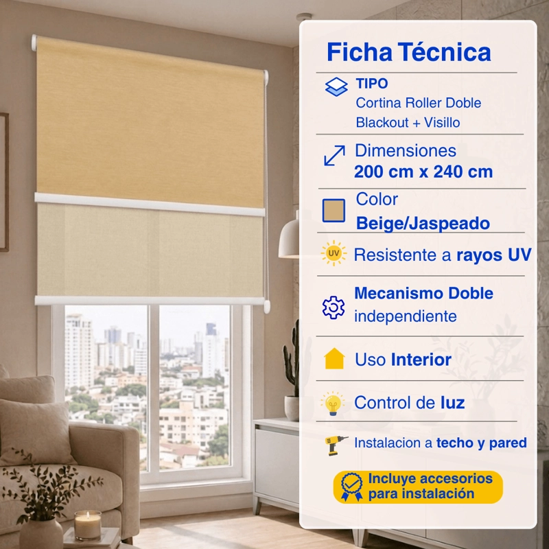 CORTINA ROLLER BLACKOUT 2 PAÑO 200X240 DOBLE CON VISILLO SIN CENEFA GUIZA - 2
