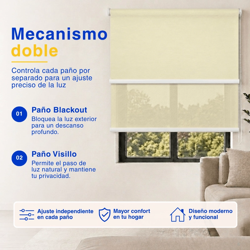 CORTINA ROLLER BLACKOUT 2 PAÑO 200X240 DOBLE CON VISILLO SIN CENEFA GUIZA - 5