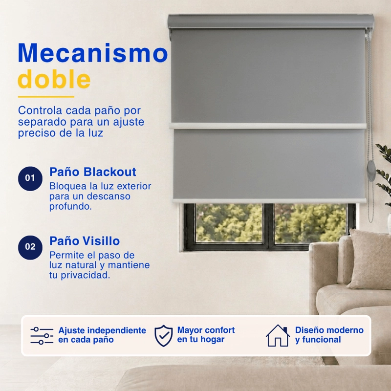 CORTINA ROLLER BLACKOUT 2 PAÑO 100X200 DOBLE CON VISILLO Y CENEFA GUIZA - 4