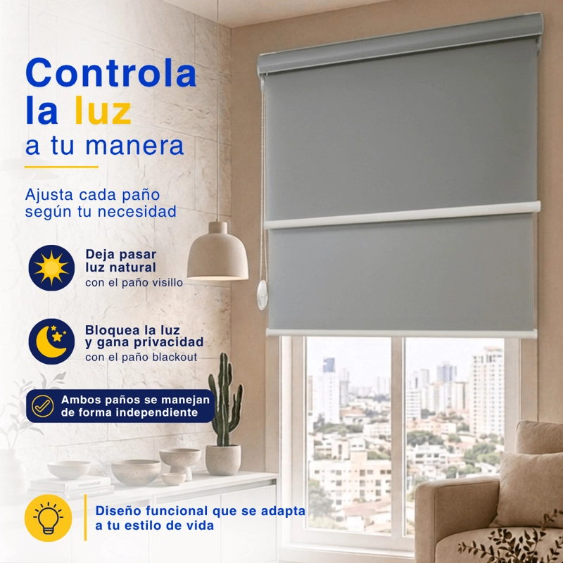 CORTINA ROLLER BLACKOUT 2 PAÑO 100X200 DOBLE CON VISILLO Y CENEFA GUIZA - 5