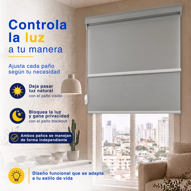 CORTINA ROLLER BLACKOUT 2 PAÑO 150X200 DOBLE CON VISILLO Y CENEFA GUIZA - 5